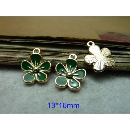 Free Shipping - 60 pcs Green Flower Charms Pendant 13*16mm Gold-color Flower With Green Surface,Jewelry Making Supplies