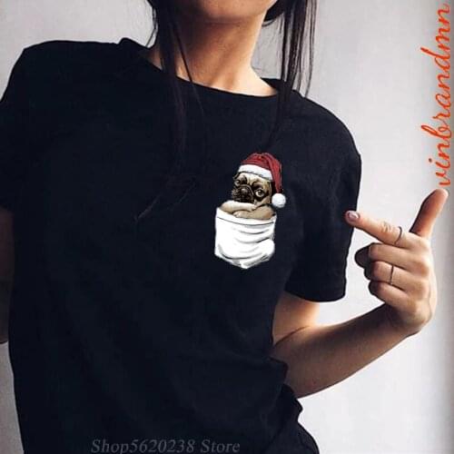 Merry Christmas Gift T Shirts Women Fashion Graphic Cute MudgeWare Pug With Santa Hat Pocket Tee Kawaii Tshirt Hipster T-shirts