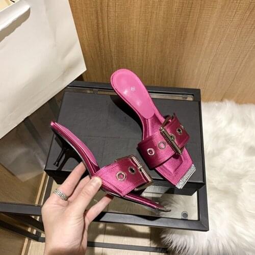 Womens Peep Toe Silk Satin Stilettos High Heel Slippers Slides Shoes Rhinestones Crystal Mules Belt Buckle Luxury New 2021