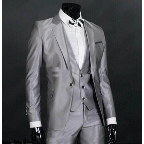 TOP SALE/Custom Made One Button Silver gray Groom Tuxedos Notch Lapel Best Man Groomsmen Men Wedding Suits Bridegroom suitsweddi