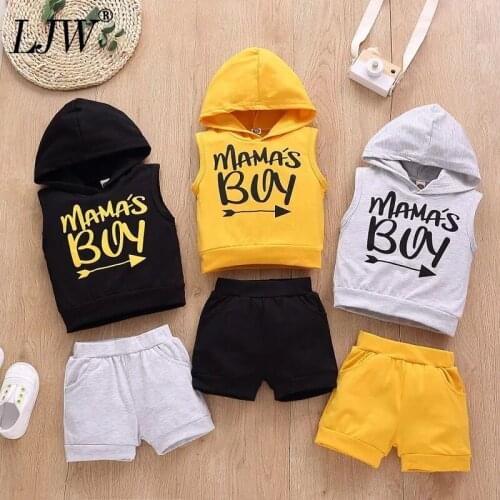 Boys baby sleeveless hooded letter printed sweater + Shorts Set Baby Set Boys baby 2021 summer new fashion