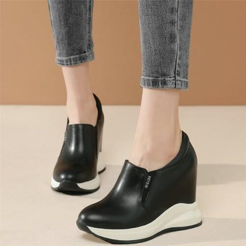 Fashion Sneakers Women Genuine Leather Wedges High Heel Ankle Boots Female Low Top Round Toe Platform Pumps Shoes Casual Shoes