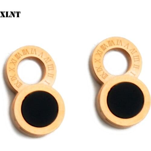 XLNT Top Brand Rose Gold Color Roman Numerals Enamel Stud Earring for Woman 316L Stainless Steel Fashion Jewelry Never Fade