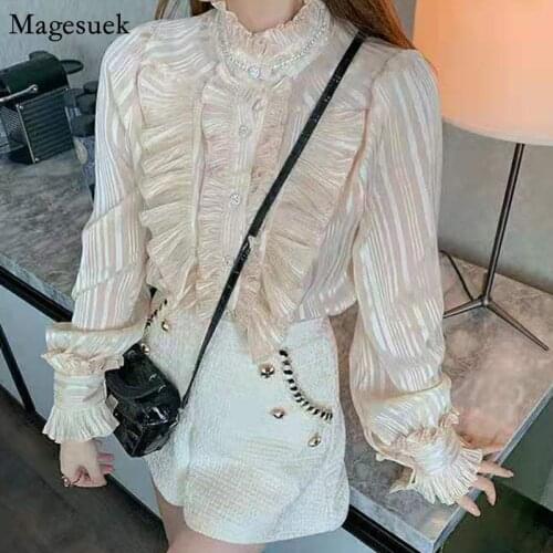 Autumn Long Sleeve Chiffon Shirts Women Elegant Ruffle Stitching Woman Blouses Stand Collar Pleated Beading Tops Blusas 15656