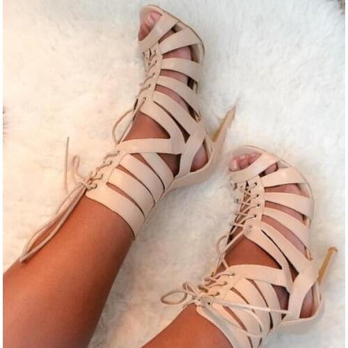 Moraima Snc Natural Color Lace Up Gladiator Heels Stiletto Heel Sandals Woman Sexy Open Toe High Heel Shoes Dress Heels