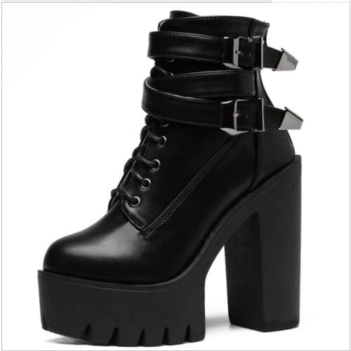 Exy Metal sheets Black Ankle Boots Women Platform Soft Leather Autumn Winter Ladies Boots With Zipper Classic High Heels Shoes