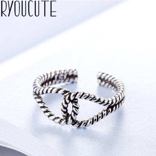 Fashion Real Silver Color Double Heart Rings for Women Wedding Jewelry Punk Retro Antique Adjustable Size Finger Big Ring