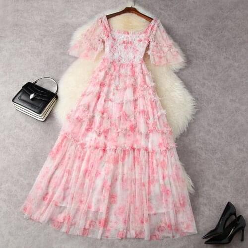 Women luxury runway brand ruffles mesh dress spring summer 2021 fashion pink rose floral print fairycore maxi dresses party wear