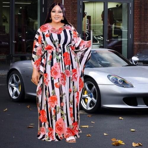 High Quality 2021 Latest Nigerian Clothes V-collar Sexy Batwing Sleeve Maxi Femme Dresses Floral Stripe Vestidos Africa Printing