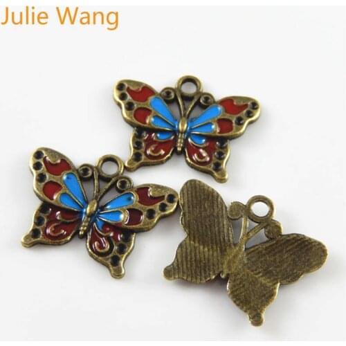 Julie Wang 10PCS Colorful Enamel Butterfly Charms Alloy Antique Bronze Necklace Pendants Bracelet Jewelry Making Accessory