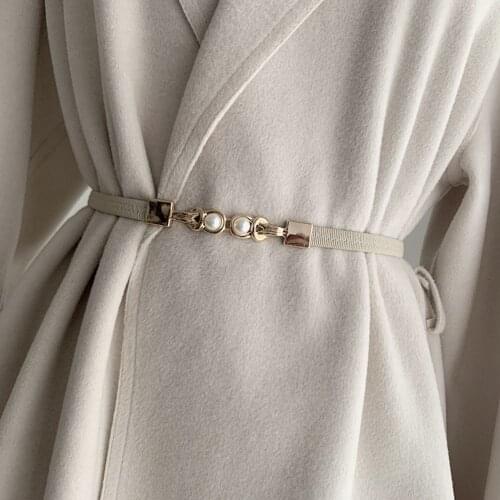 1 Pc Vintage Women Waistband Thin Elastic Small Leather Belt Elegant Double Pearl Buckle Belt Dress Shirt Decoration Belt