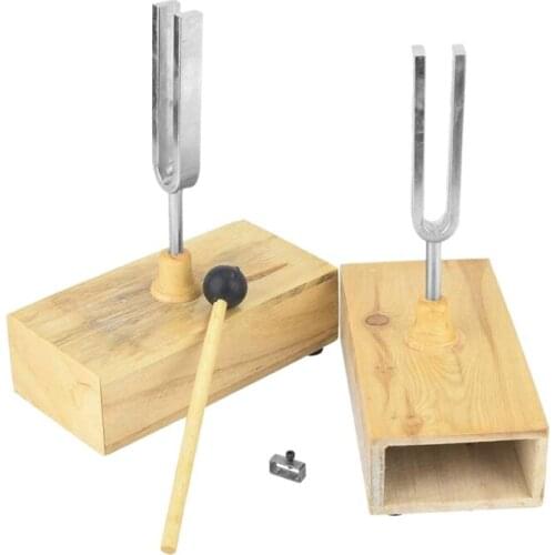 2 Pcs Tuning Fork with Wood Resonator Box, 440HZ Virbration Experimental Instrument with 1 Pcs Tuning Fork Knocker