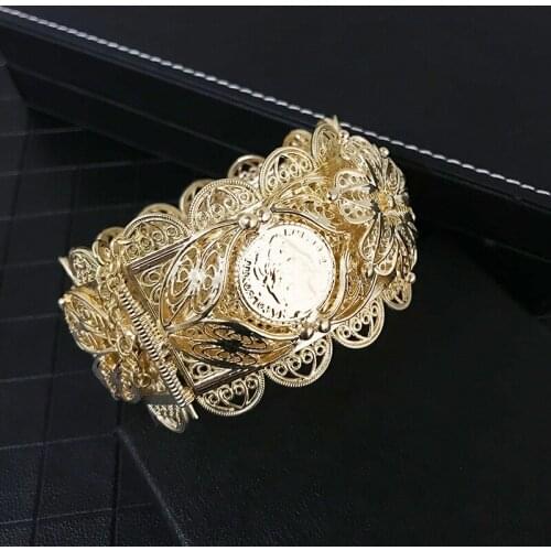 Algerian Metal Double Portrait Coin Wristband Noble Woman Wedding Dress Accessories Hollow Flower Carved Bracelet Jewelry
