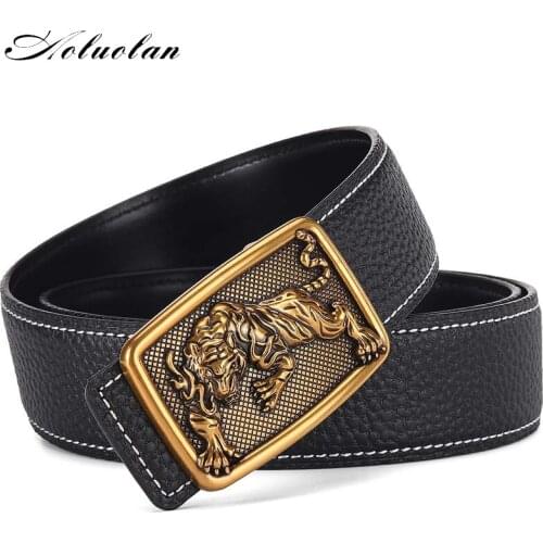 Aoluolan Genuine leather 38mm genuine leather cinturones Rhinestone Tiger Head Buckle Men Jeans Belt