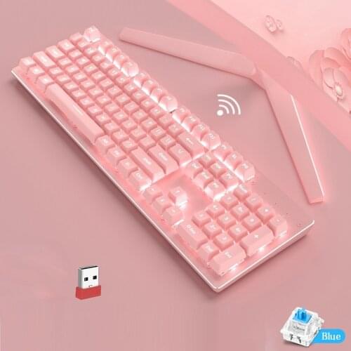 2.4GHz USB Receiver Wieless Mechanical Keyboard 104 Keycaps No Punch Gaming Keyboard Green Switch Pink Wireless Keyboard