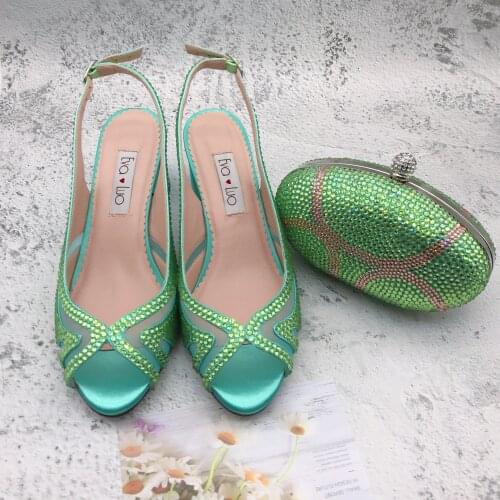 BS1251 Custom Made Women Shoes Dress Pumps Bridal Wedding Shoes Mint Green Crystal Shoes With Matching Bag