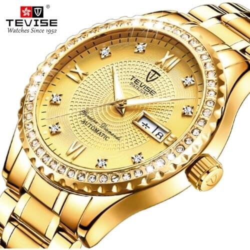 TEVISE Golden Mechanical Wristwatches for Men Date Week Display Diamond Original Luxury Male Watches Relogios Masculino