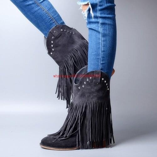 Choudory Botines mujer velet genuine leather chelsea boots black blue fringe high boots cowboy leather boots women shoes 2017