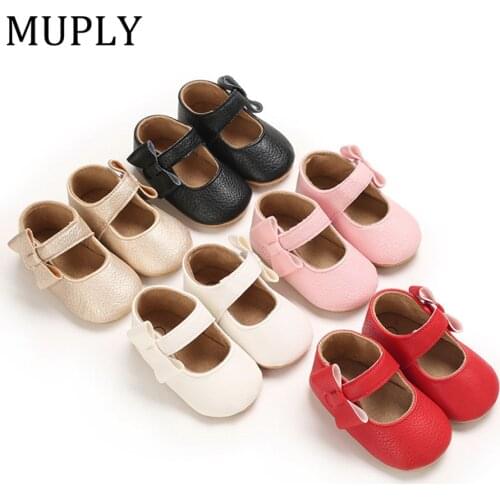 Rubber Sole Baby Shoes Baby Girl Bowknow PU Crib Shoes Princess Mary Jane Flats with Non-Slip Bottom