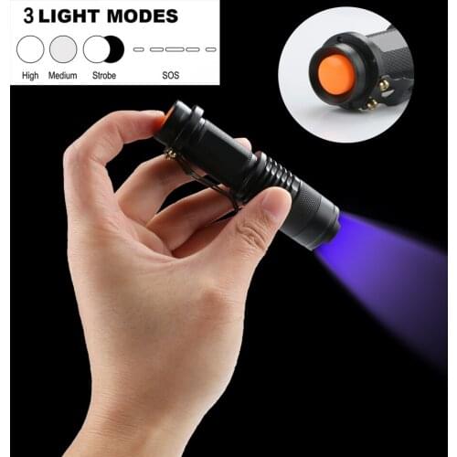 Flashlight Zoomable 395nm Led UV Flashlight Torch Light Purple Ultra Violet Lamp Mini LED UV light Fluorescent Scorpion Hunting