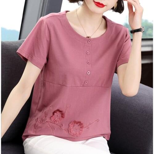 LJSXLS Cotton Womens T-shirt Summer Embroidery O-Neck T Shirt Women Casual Tops Chic Button Loose Short Sleeve Tee Shirt Femme