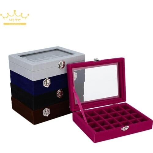 Multicolor flocking 24 grid with glass cover jewelry box jewelry necklace ring bracelet storage box portable travel cosmetic bag