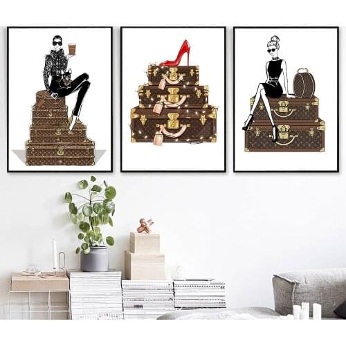 Fashion Girl on Vintage Box Image Poster and Prints on The Wall Decor for Your Home HD Picture Red High Heel Shoes Unframed