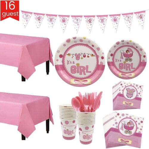 Baby Shower Party Tableware & Banner Set for 16 Guests Plates Cups Tissue Table Cloth Knife Fork Spoon