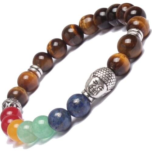 Natural Stone 8mm Tiger Eye Stone Strand Bracelet for Women Men Tibetan Buddha Head Chakra Yoga Lucky Charm Bracelet