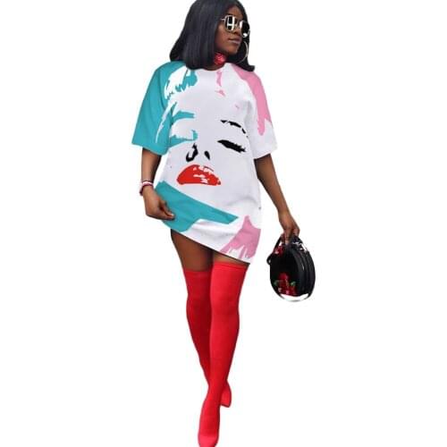 New Cute Lady Pattern Printed Women Casual Short Dresses 2020 Hot Sale Short Sleeves Loose T Shirt Dress Multicolors