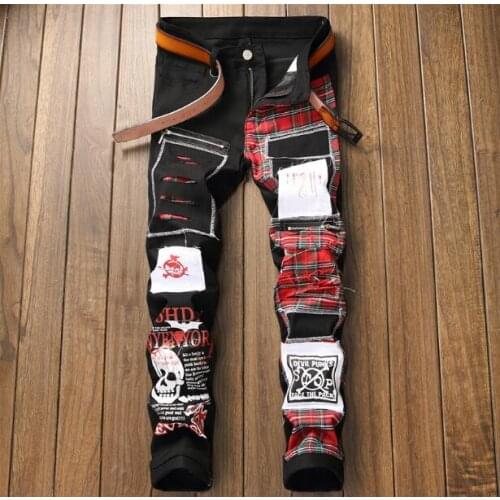 2020 Autumn fashion colour Mens gothic non-mainstream skull print doodle personality straight gas hole punk pants singer costum