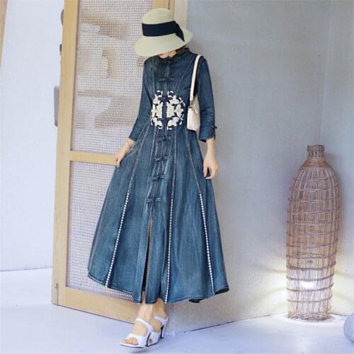 Autumn Women Denim Dress 2020 Vintage Womens Dresses Frog Knot Stand Collar Embroidery Vestidos 2186 Girls A line Dresses