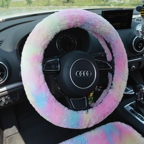 Plush Rainbow Faux Rabbit Fur Warm Winter For Car interior car Steering Cover Cover Seat Belts Padding Car Headrest Girls