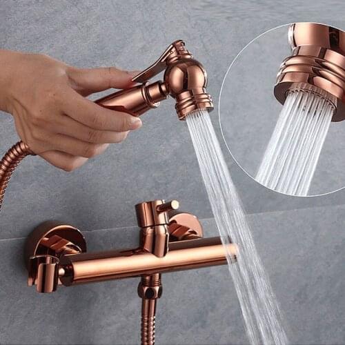 Luxury Rose gold Brass Toilet Handheld shower Spray bathroom Shower nozzle jet Set With cold hot water faucet Valve 1.5m hose