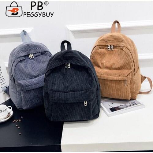 Simple Student Corduroy School Backpacks Ladies Large Capacity Zipper Travel Rucksack Women Solid Color Knapsacks
