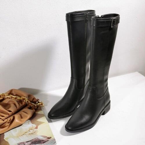 Riding Boots Woman Real Leather Med Heel Knee High Boots Buckle Thick Heel Long Boots Zip Ladies Shoes Brown