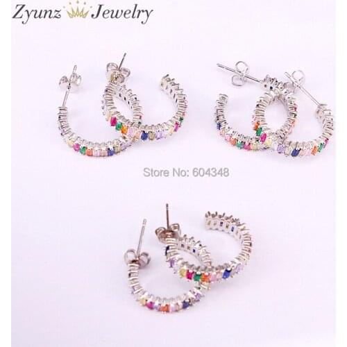 10Pairs Gold/Rose color/Silver color round circle geometric stud earrings rainbow colorful cz paved fashion trendy jewelry