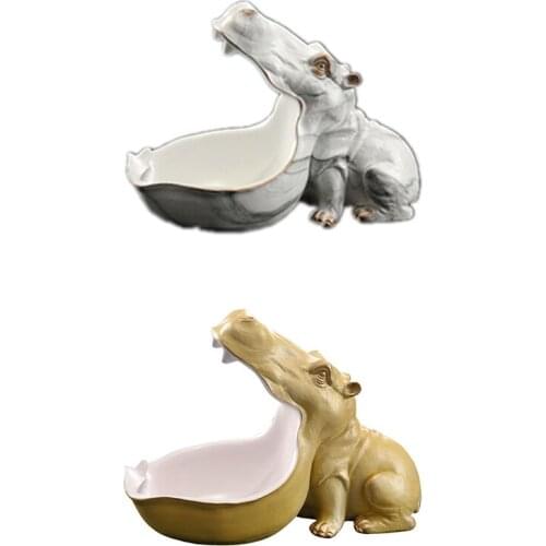 Resin Hippo Statue Hippopotamus Sculpture Figurine Key Candy Container Decoration Home Table Decoration