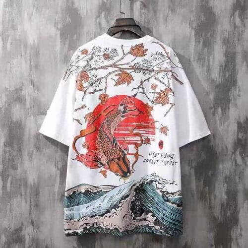 Men Japanese Style Tops Summer Thin Short Sleeve Red Carp Printing Loose Soft Fashion T-Shirts Harajuku Style Cool Streetwear