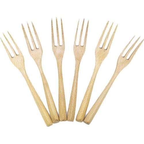 3/6/10pcs 3-Tooth Dessert Natural Wood Dinner Fork Kitchen Tool Japan Handmade Handle Wooden Fruit Forks