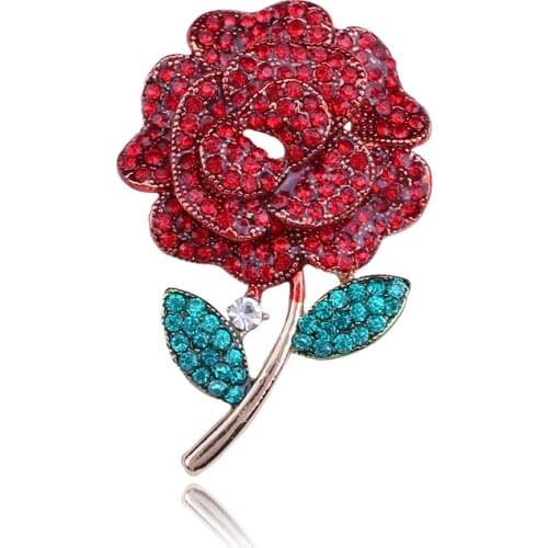 Retro Antique Gold Color Plated Crystal Rhinestones Flower Rose Pins and Brooches for Women Red Flower Green Leaves Brooch Pins