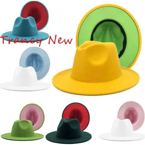 Lime green with yellow fedoras fashion hat felt hat for women color mixed jazz hat fedora hat white with pink color fedoras