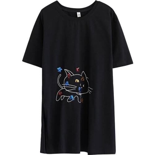 150Kg Plus size womens summer short-sleeved sequined cat T-shirt bust 150cm 5XL 6XL 7XL 8XL 9XL loose cotton o-neck T-shirt