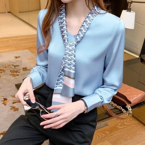 2021 Spring Womens Top White Chiffon Shirt Office V-Neck Temperament Tie Shirt Long Sleeve Foreign Style Tie Oversized Shirt