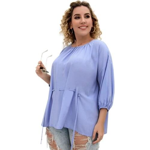2XL-5XLPlus Size Clothes Womens Blouse Long Sleeve Fashion Drawstring Loose Shirt O Neck Pullover Solid Color Tunic Female Tops