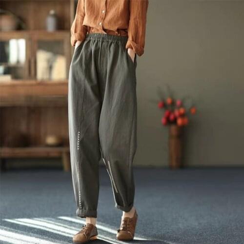 New Spring Arts Style Women Loose Casual Ankle-length Pants All-matched Elastic Waist Cotton Linen Embroidery Harem Pants W08