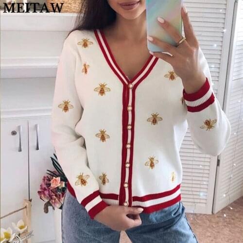 2021 Spring Autumn Korean Bee Embroidery Women Cardigans Sweater Ladies Elegant Long Sleeve V Neck Knitwear