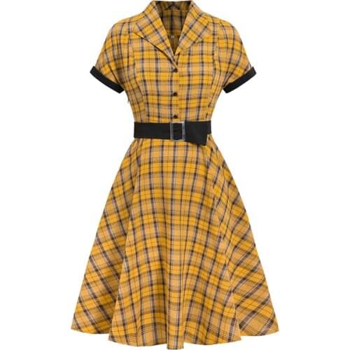 2021 Turn-down Collar Yellow Plaid Women Vintage Style Rockabilly Dress Button Up High Waist Belted A Line Ladies Dresses