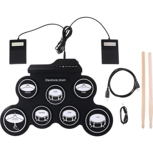 USB Rechargeable Roll-Up Drum Set Portable Electronic Drum Kit with Drumsticks Foot 7 Drum Pad Pedals for Beginners Music Tools