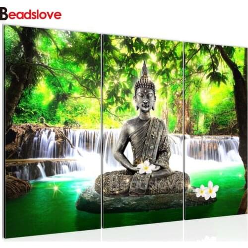 Large Diamond Painting Buddha statue religious green waterfall Cross-stitch DIY Mosaic 5d full diamond painting Home 3pcs Decor